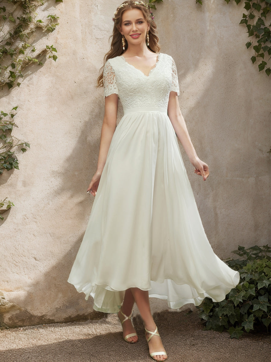 A-Line/Princess V-Neck Short Sleeves Lace Wedding Dresses