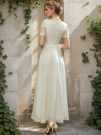 A-Line/Princess V-Neck Short Sleeves Lace Wedding Dresses