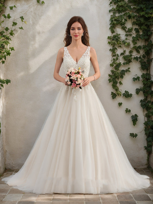 A-Line/Princess V-Neck Sleeveless Lace Wedding Dresses