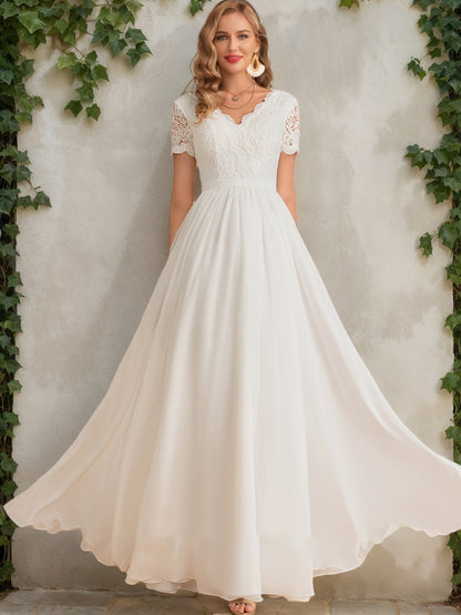 A-Line/Princess V-Neck Short Sleeves Lace Wedding Dresses