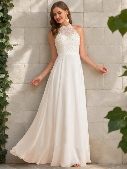 A-Line/Princess High Neck Sleeveless Sequins Wedding Dresses