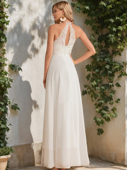 A-Line/Princess High Neck Sleeveless Sequins Wedding Dresses