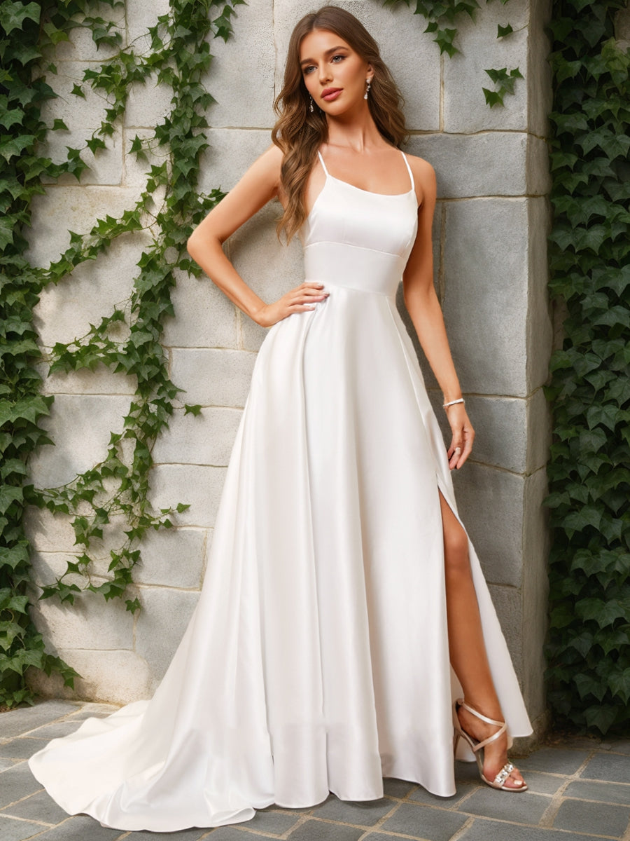 A-Line/Princess Scoop Sleeveless Split Side Wedding Dresses