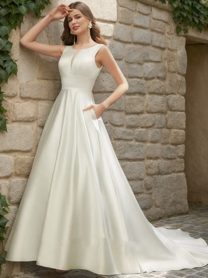 A-Line/Princess Scoop Sleeveless Ruched Wedding Dresses