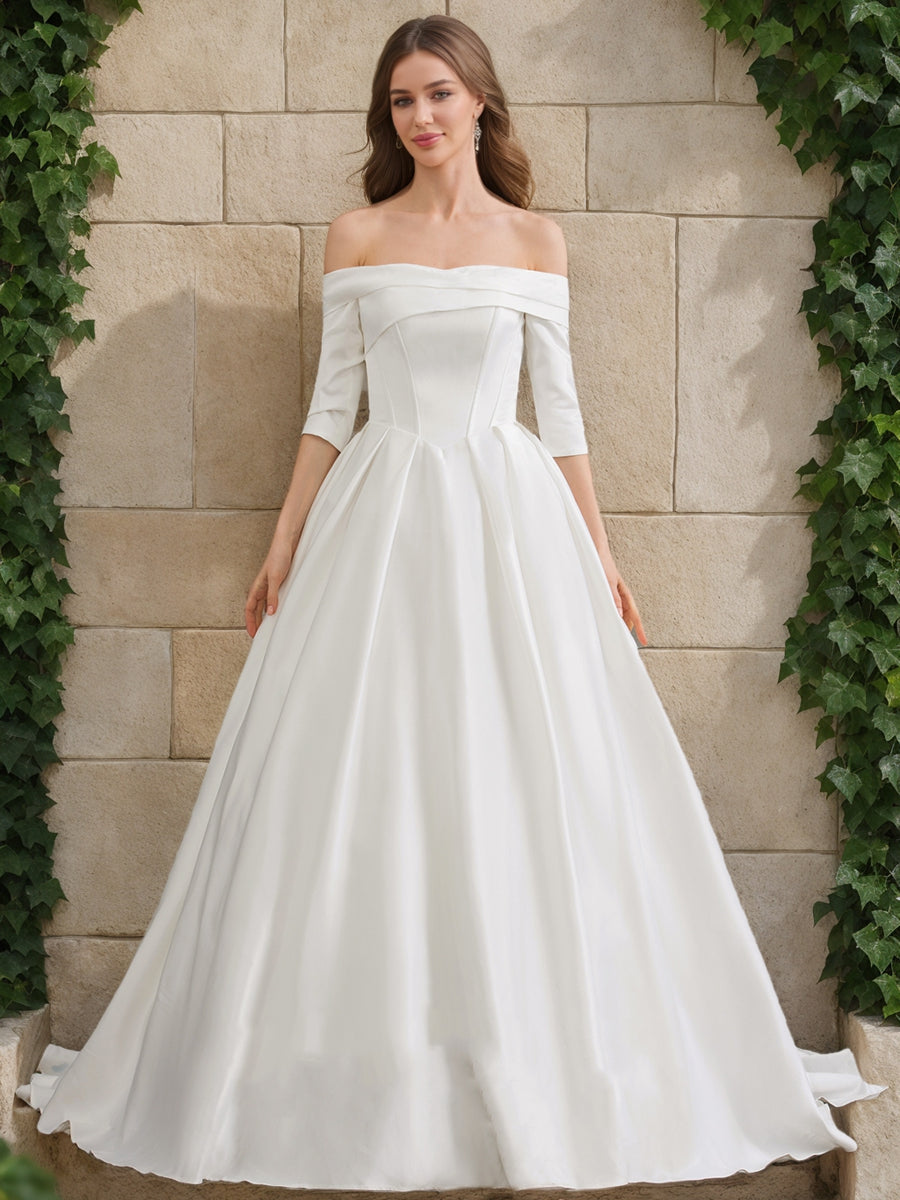 A-Line/Princess Off-the-Shoulder Half Sleeves Ruched Wedding Dresses