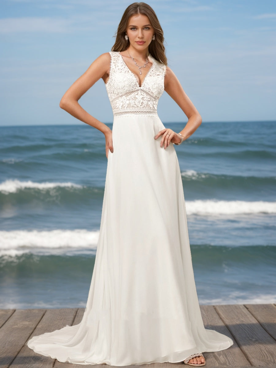 A-Line/Princess V-Neck Sleeveless Lace Wedding Dresses