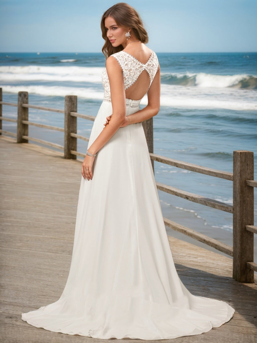 A-Line/Princess V-Neck Sleeveless Lace Wedding Dresses