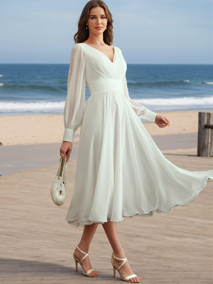 A-Line/Princess V-Neck Long Sleeves Ruffles Wedding Dresses