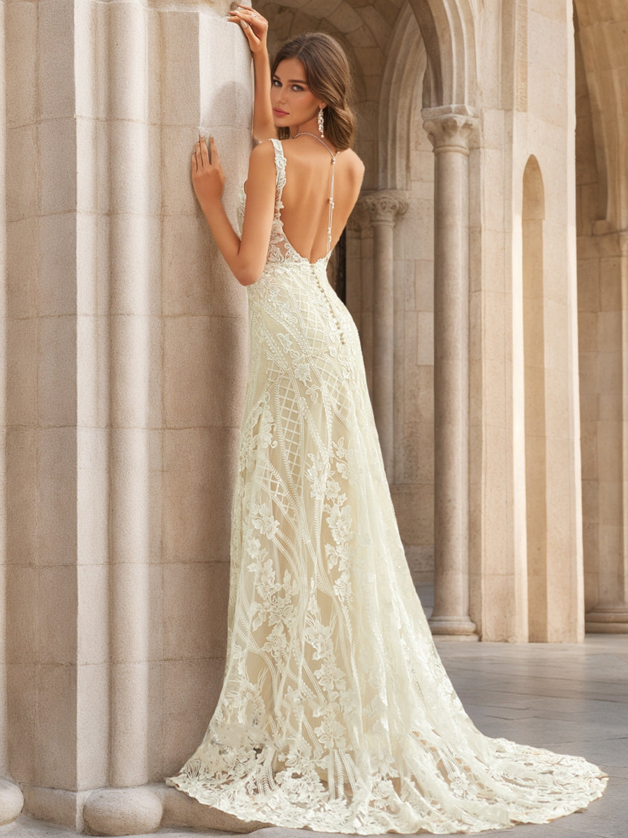 Trumpet/Mermaid V-Neck Sleeveless Appliques Wedding Dresses