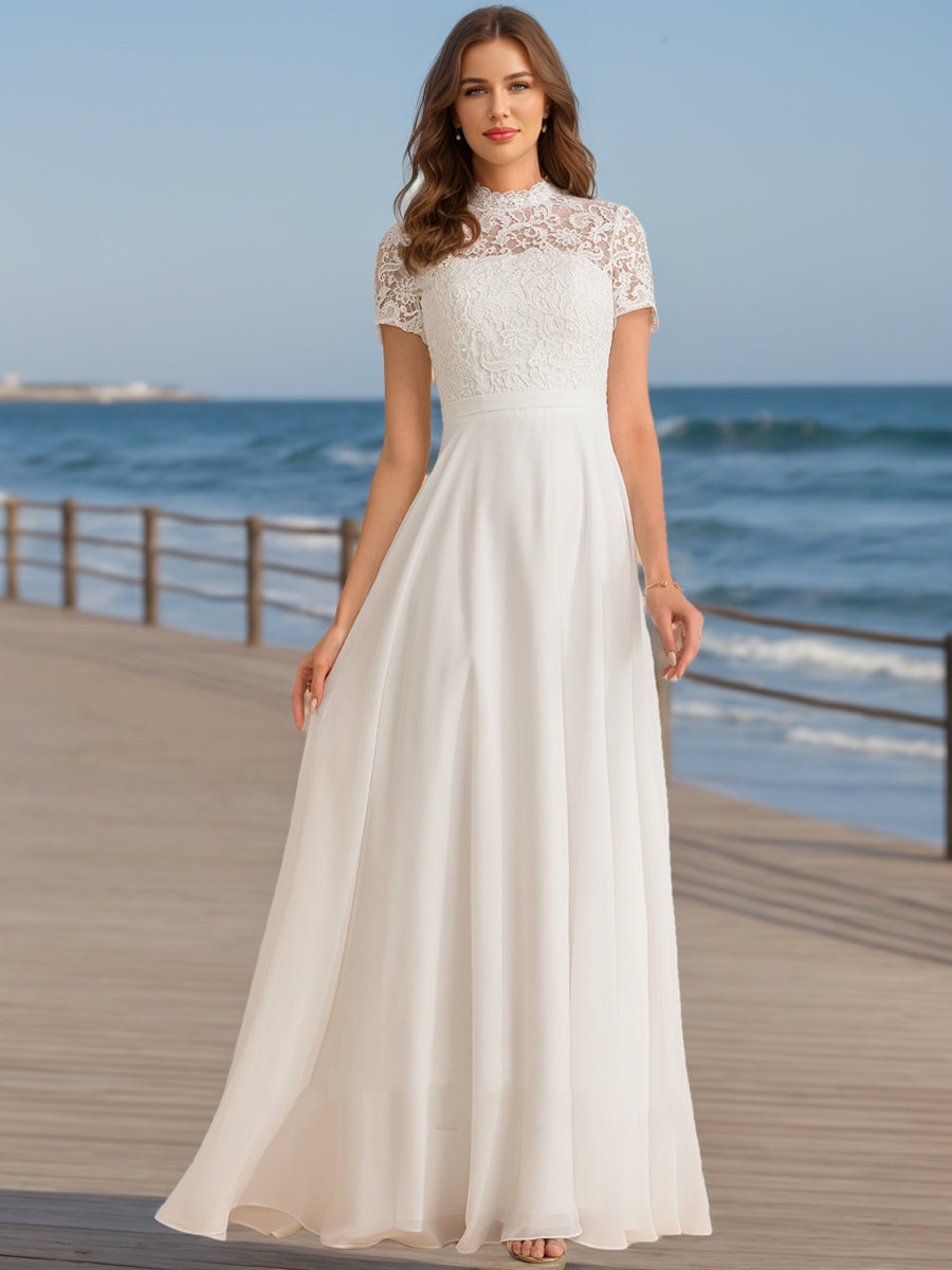 A-Line/Princess High Neck Short Sleeves Lace Wedding Dresses