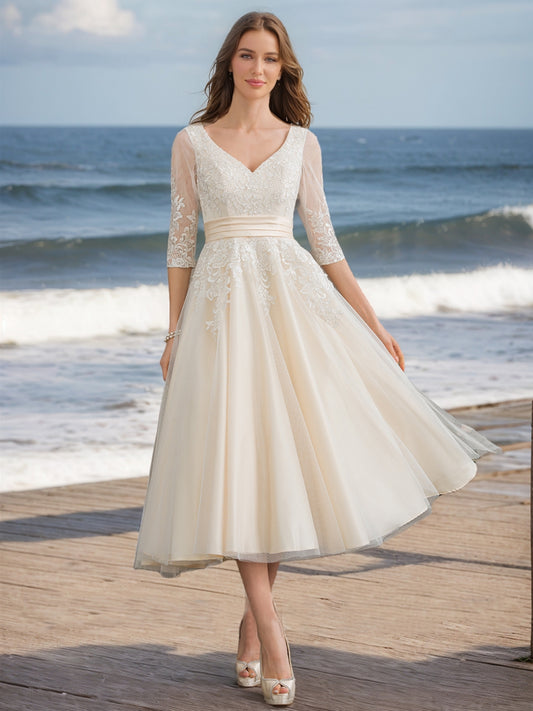 Ball Gown V-Neck Half Sleeves Lace Wedding Dresses