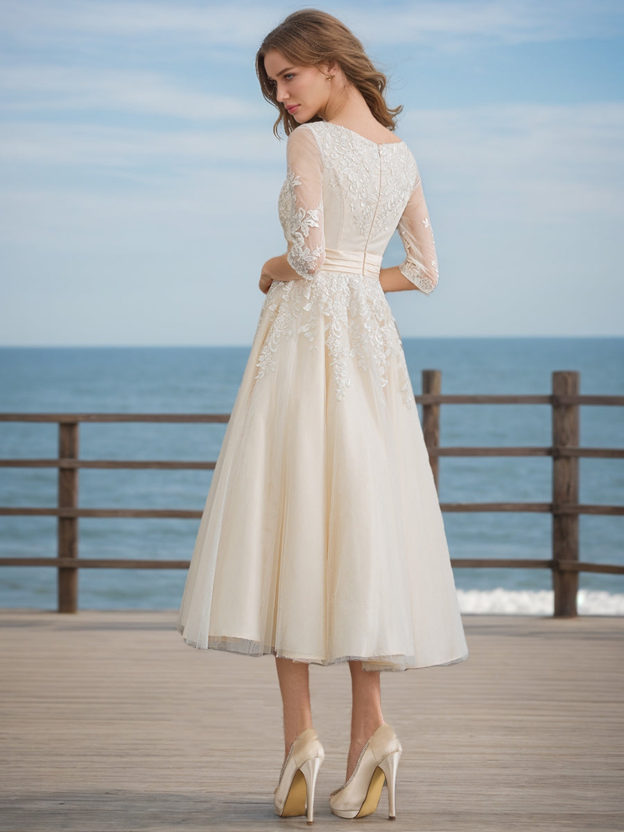 Ball Gown V-Neck Half Sleeves Lace Wedding Dresses