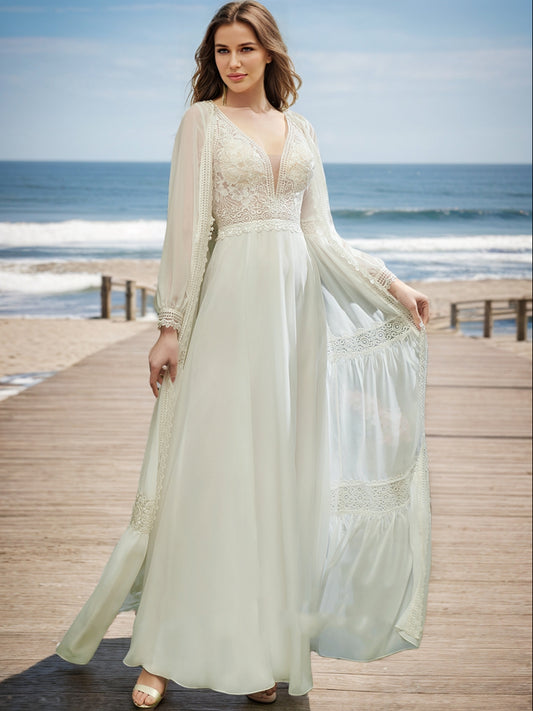 A-Line/Princess V-Neck Long Sleeves Lace Wedding Dresses