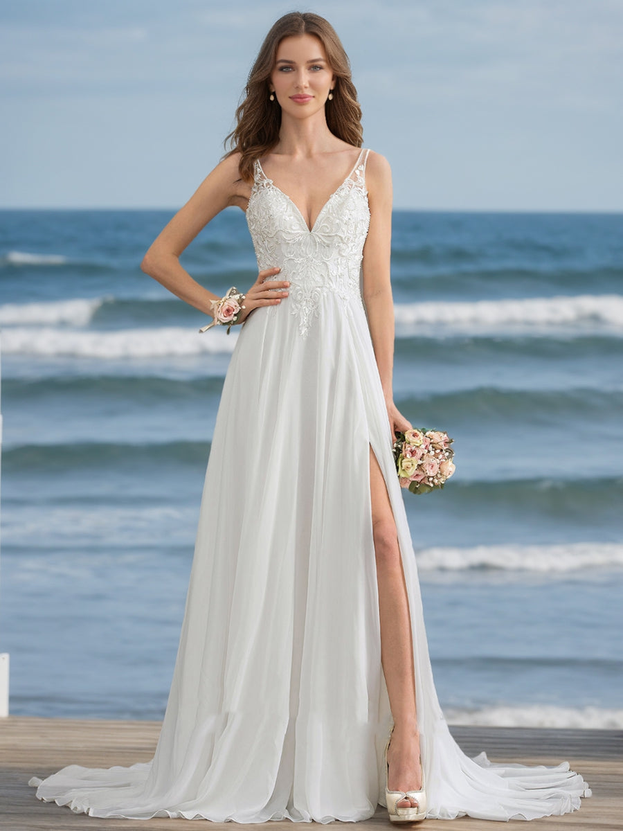 A-Line/Princess V-Neck Sleeveless Beading Wedding Dresses