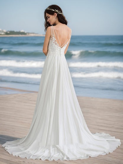 A-Line/Princess V-Neck Sleeveless Beading Wedding Dresses