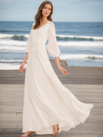 A-Line/Princess V-Neck 3/4 Sleeves Lace Wedding Dresses