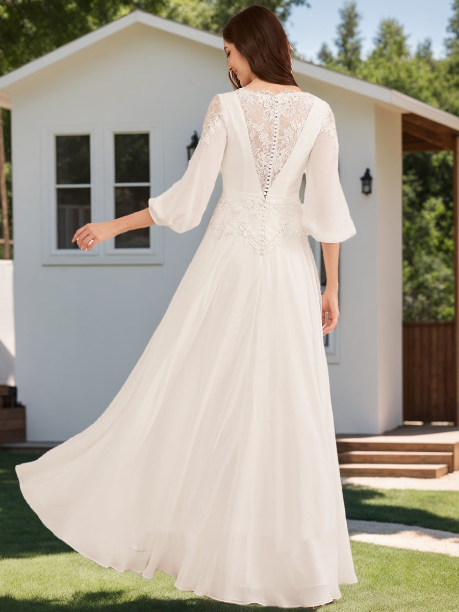 A-Line/Princess V-Neck 3/4 Sleeves Lace Wedding Dresses