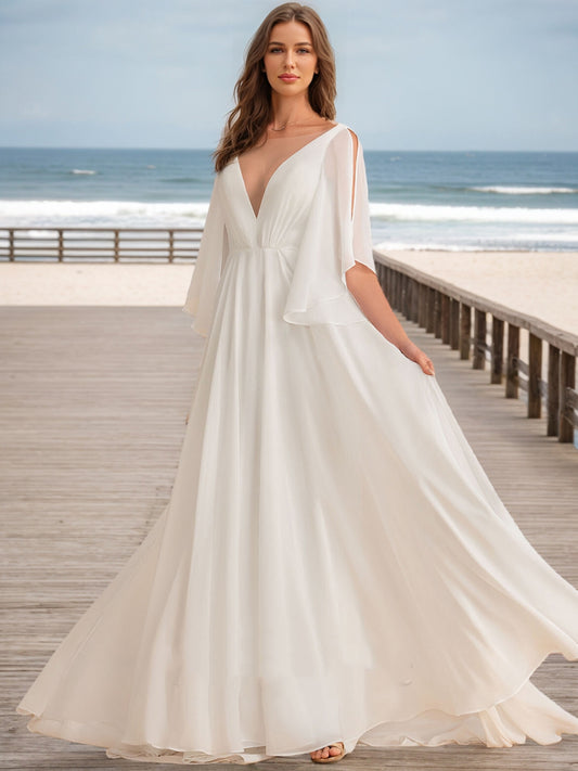 A-Line/Princess V-Neck Half Sleeves Ruched Wedding Dresses