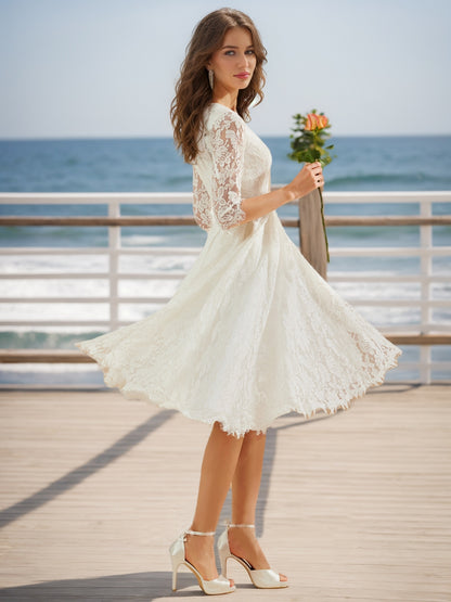 Ball Gown Scoop Half Sleeves Lace Wedding Dresses