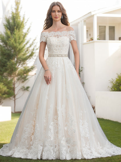 A-Line/Princess Off-the-Shoulder Short Sleeves Beading Wedding Dresses