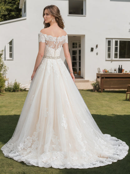 A-Line/Princess Off-the-Shoulder Short Sleeves Beading Wedding Dresses