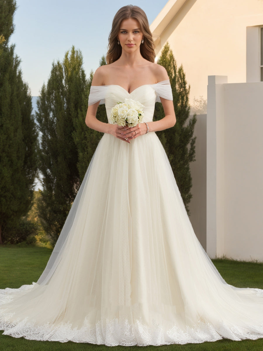 A-Line/Princess Off-the-Shoulder Short Sleeves Ruched Wedding Dresses