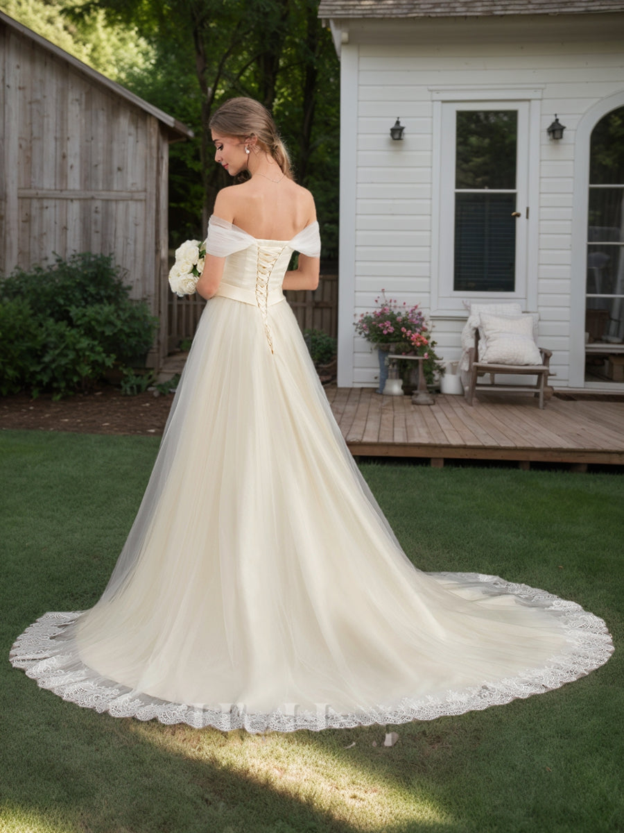 A-Line/Princess Off-the-Shoulder Short Sleeves Ruched Wedding Dresses