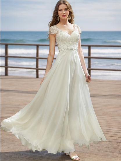 A-Line/Princess V-Neck Short Sleeves Beading Wedding Dresses