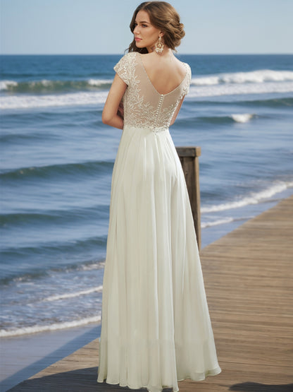 A-Line/Princess V-Neck Short Sleeves Beading Wedding Dresses