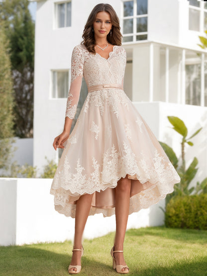 Ball Gown V-Neck 3/4 Sleeves Lace Wedding Dresses