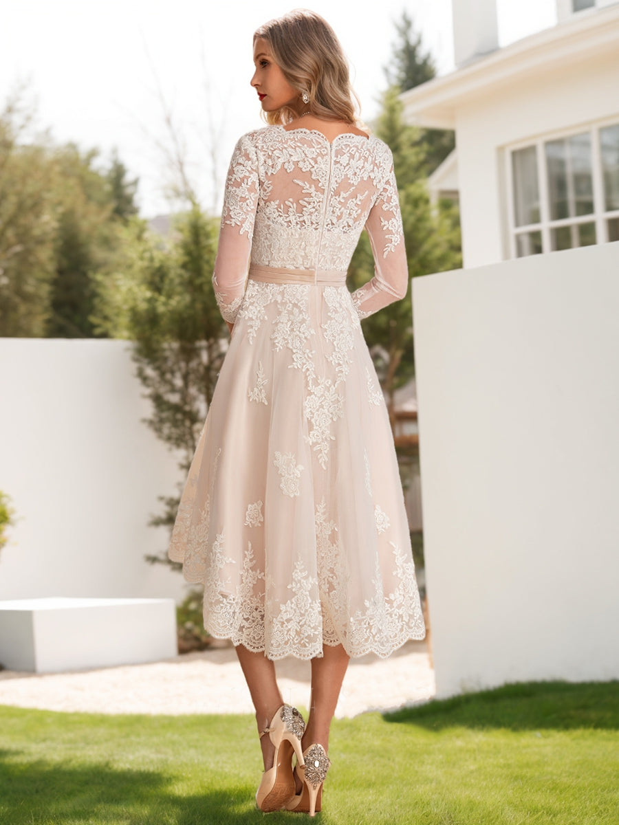 Ball Gown V-Neck 3/4 Sleeves Lace Wedding Dresses