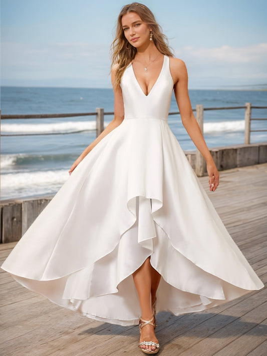 A-Line/Princess V-Neck Sleeveless Tiered Wedding Dresses