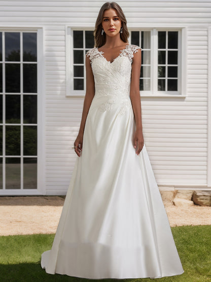 A-Line/Princess V-Neck Sleeveless Sequins Wedding Dresses