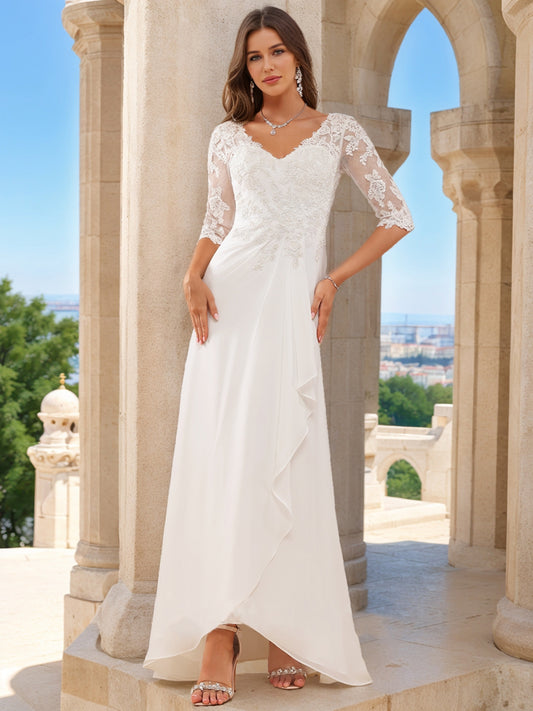 A-Line/Princess V-Neck Half Sleeves Lace Wedding Dresses