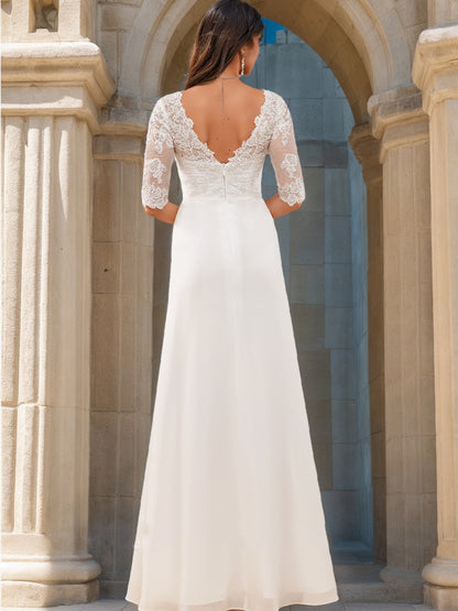 A-Line/Princess V-Neck Half Sleeves Lace Wedding Dresses