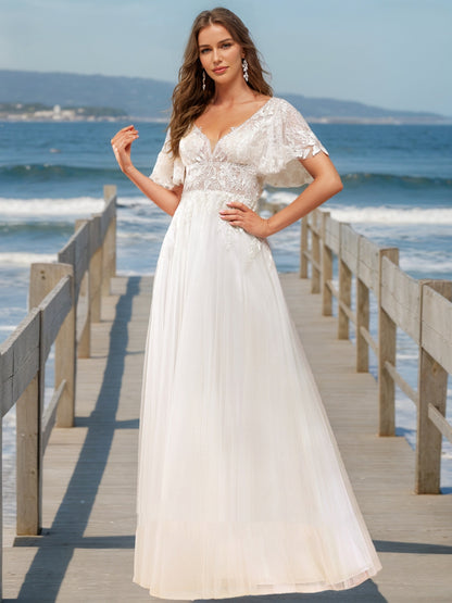 A-Line/Princess V-Neck Short Sleeves Beading Wedding Dresses