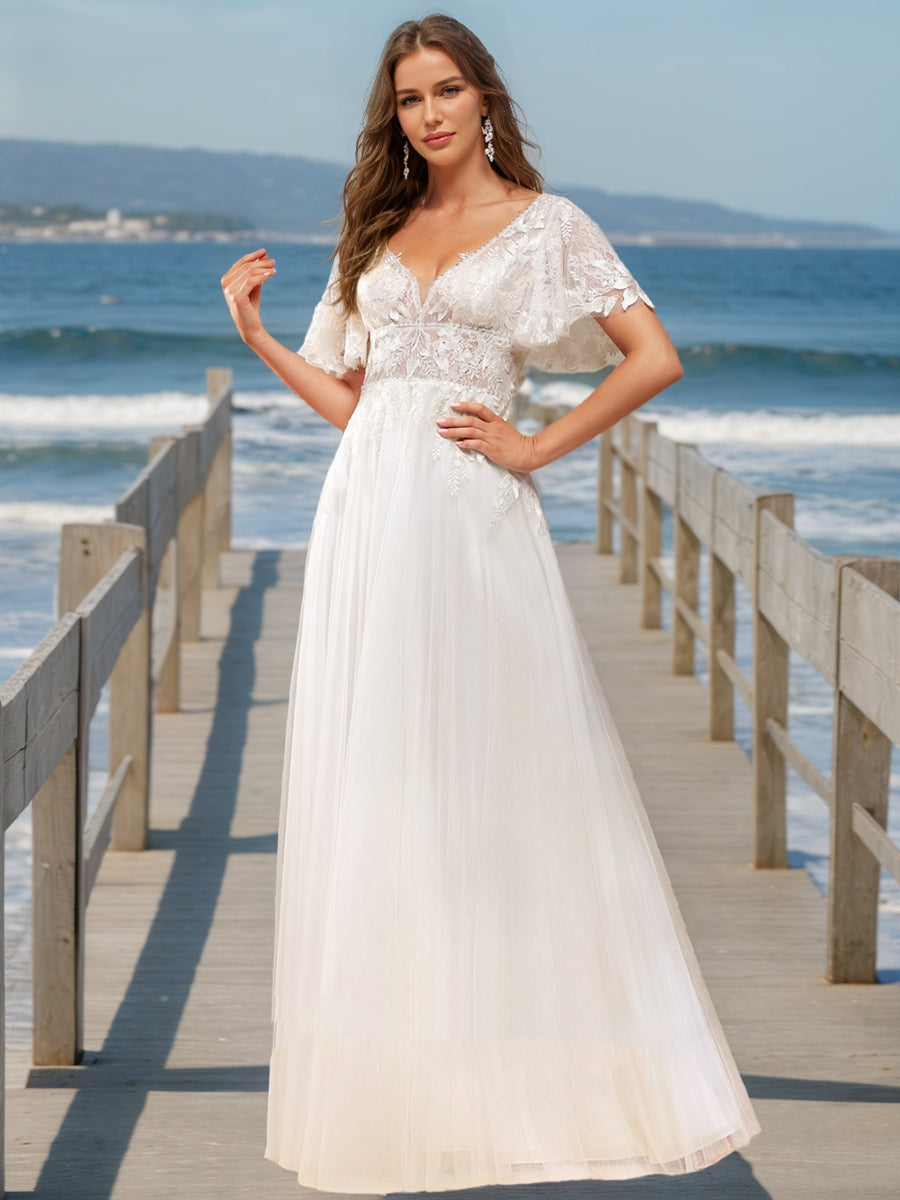 A-Line/Princess V-Neck Short Sleeves Beading Wedding Dresses