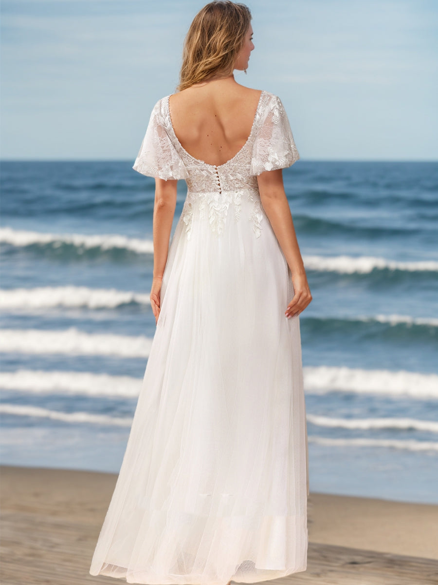 A-Line/Princess V-Neck Short Sleeves Beading Wedding Dresses