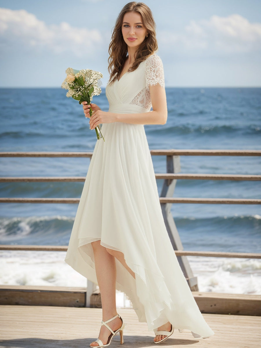 A-Line/Princess V-Neck Short Sleeves Ruched Wedding Dresses