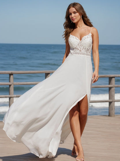 A-Line/Princess V-Neck Lace Chiffon Split Side Wedding Dresses