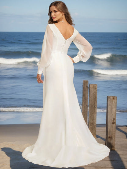 A-Line/Princess V-Neck Long Sleeves Ruffles Wedding Dresses