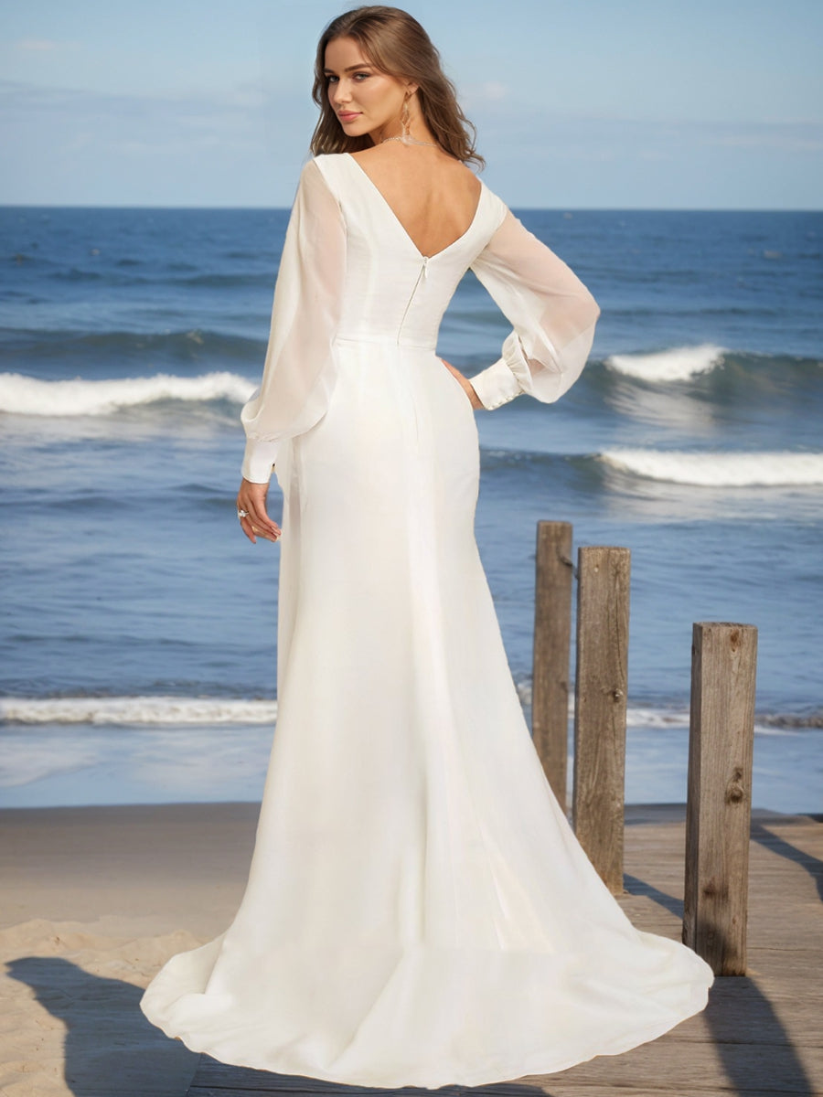 A-Line/Princess V-Neck Long Sleeves Ruffles Wedding Dresses