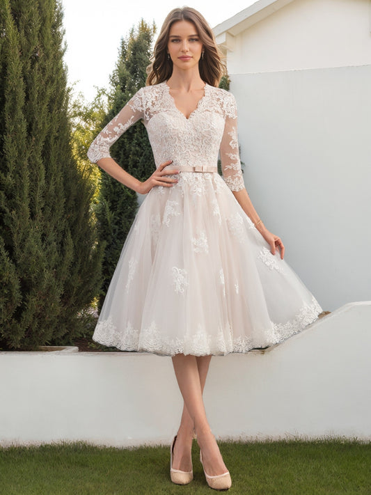 Ball Gown V-Neck Half Sleeves Sash Wedding Dresses