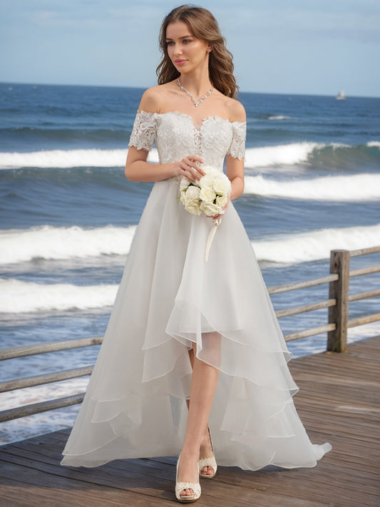 A-Line/Princess Off-the-Shoulder Short Sleeves Ruffles Wedding Dresses