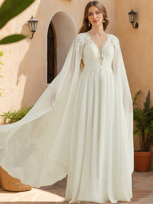 A-Line/Princess V-Neck Long Sleeves Sequins Wedding Dresses