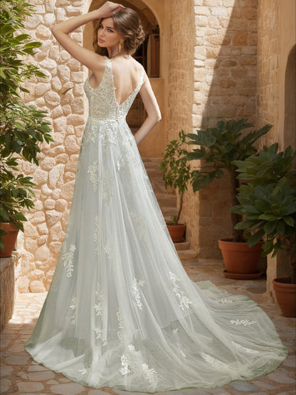 Ball Gown V-Neck Sleeveless Sequins Wedding Dresses