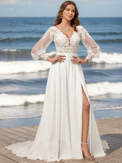 A-Line/Princess V-Neck Long Sleeves Split Side Wedding Dresses