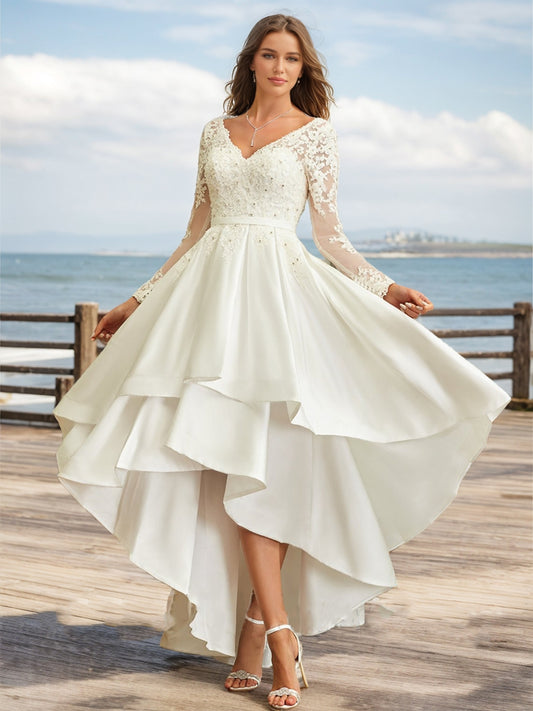 A-Line/Princess V-Neck Long Sleeves Rhinestone Wedding Dresses