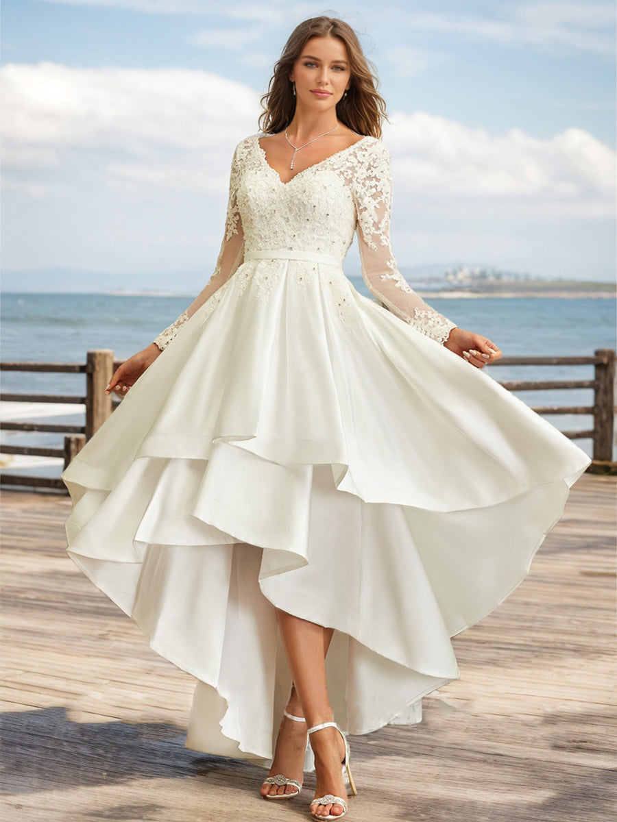 A-Line/Princess V-Neck Long Sleeves Rhinestone Wedding Dresses