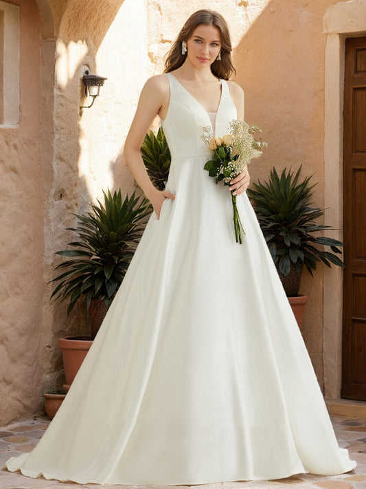 A-Line/Princess V-Neck Sleeveless Ruched Wedding Dresses